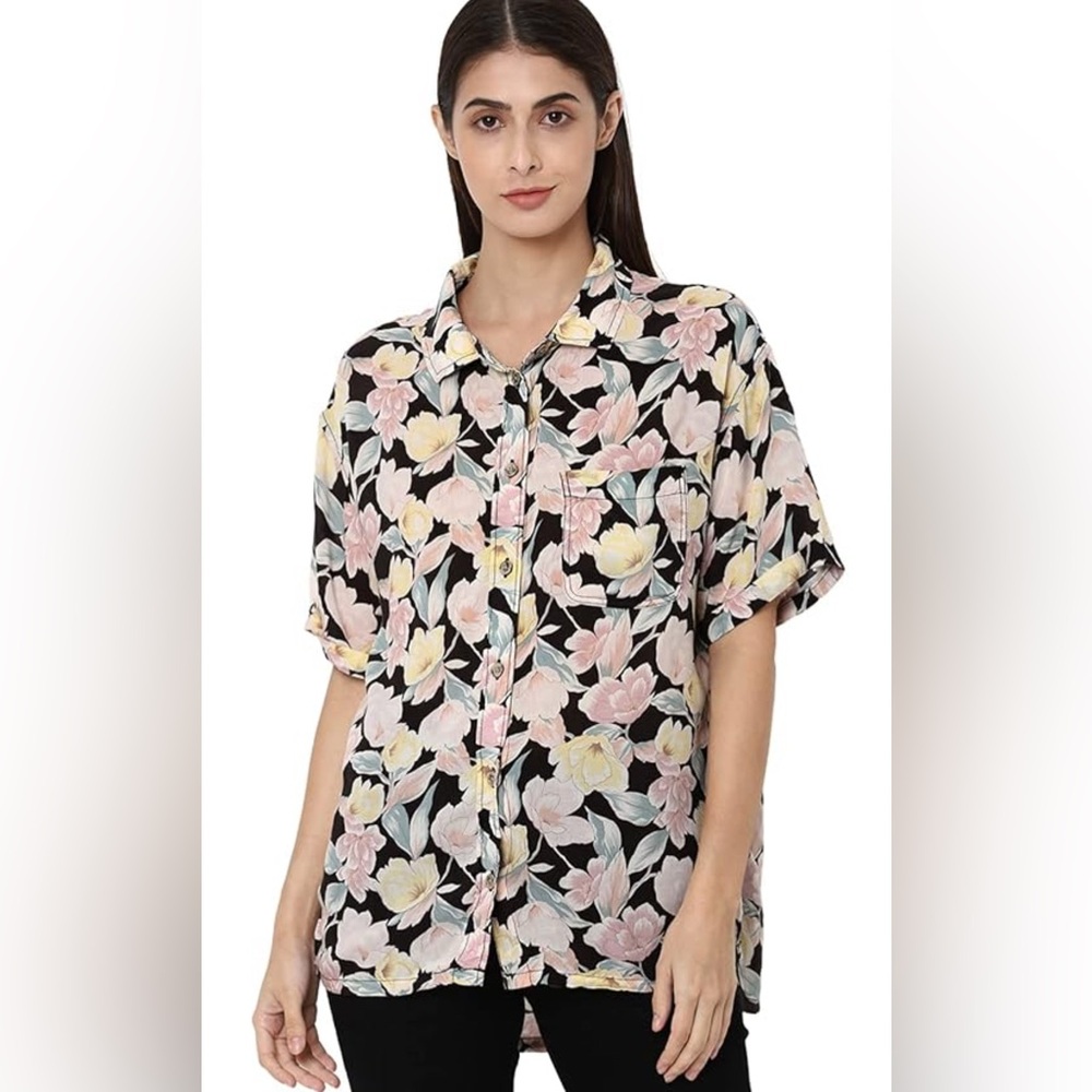 AMERICAN EAGLE Resort-Wear Button Up Shirt S-Sleeve Multi Floral Women's L